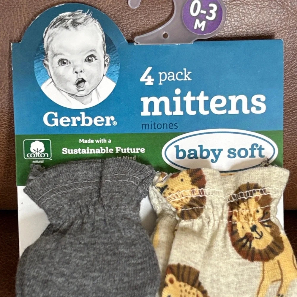 Gerber 0-3M Gray and Cream Baby Mittens 4-Pack